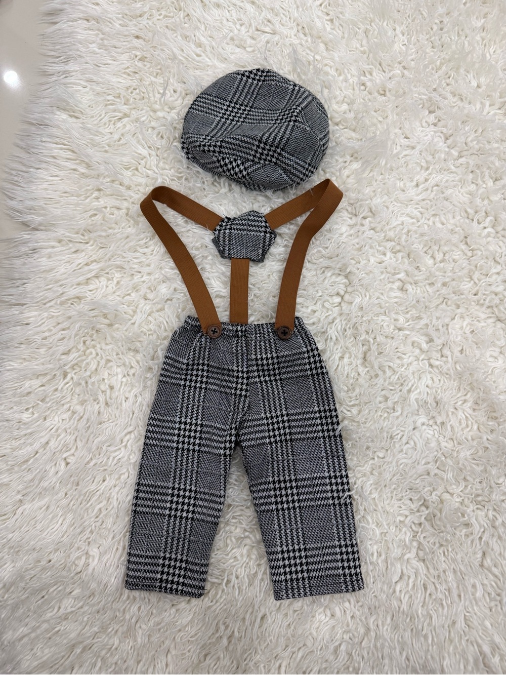 Plaid Suspender Kids Pants with Matching Cap - Black & Brown